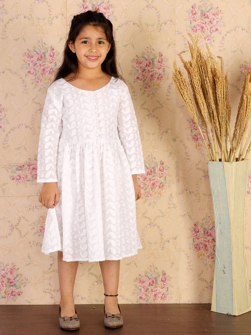 Girl's White Pure Cotton Chikankari Kurta